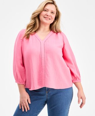 Plus Size Cotton Gauze V-Neck Top