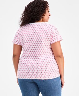Plus Size Nautical-Button Geo-Tile Cotton T-Shirt
