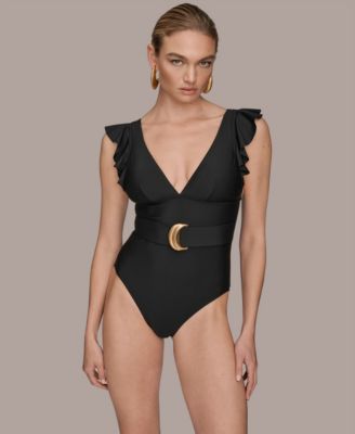 Donna Karan Women's Belted Flutter-Sleeve One-Piece Swimsuit