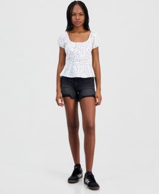 Juniors' Printed Puff-Sleeve Peplum Peasant Top