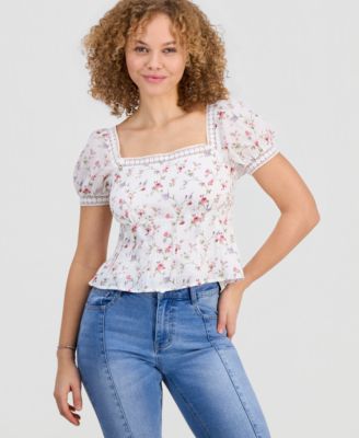 Juniors' Lace-Trim Pleated Babydoll Top