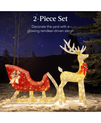 Lighted Christmas 4ft Reindeer & Sleigh Outdoor Yard Decoration Set w/ 205 LED Lights, Stakes