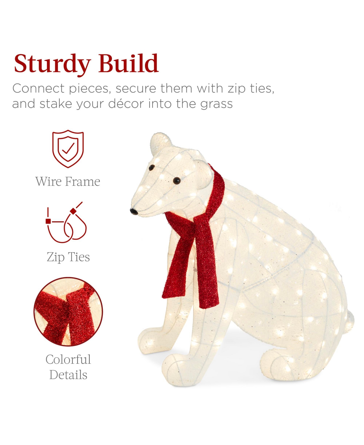 Best Choice Products Large Lighted Polar Bear Family w/ 145 Pre-Strung Led Lights, Zip Ties, Ground Stakes - Red/White