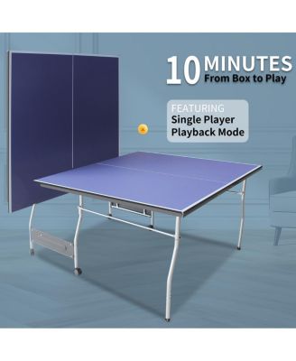 8FT Foldable Mid-Size Table Tennis Table with Net, Paddles and Balls, Portable Blue MDF Ping Pong Table for Indoor Home or Office Games-Rbied