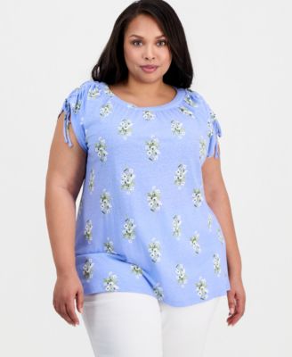 Plus Size Printed Ruched-Shoulder Top, Macy's Exclusive