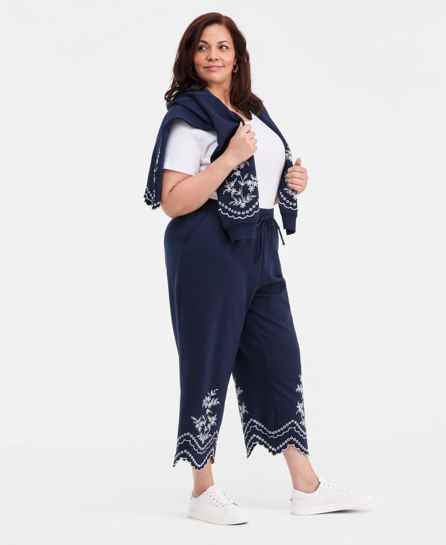 Plus Size Scalloped Eyelet Wide-Leg Knit Pants