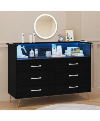 6-Drawer Bedroom Dresser with LED Lighting and Power Outlet Wide Modern Chest with 2-Tier Open Storage for Living Room Hallway or Entryway
