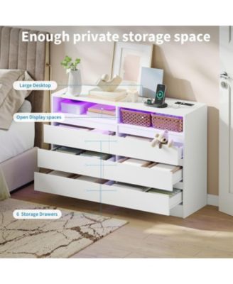 6-Drawer Dresser with LED Lighting & Charging Station, Modern Storage Chest with Power Outlets for Bedroom, Living Room, or Entryway