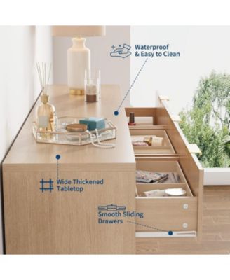 9 Drawer Fluted Dresser for Bedroom, 55" Wide Modern Chest of Drawers with Metal Handle, Fluted Wood TV Stand, Modern Large Dresser, Natural Color