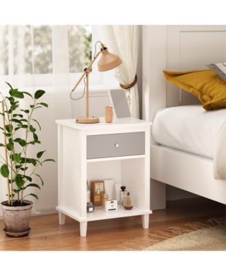 Wooden Nightstand with Drawer and Open Shelf with Silver Handle for Kids & Adults