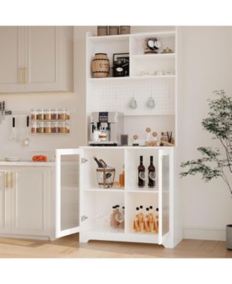 71" Kitchen Pantry Cabinet w/ Microwave Stand, Farmhouse Hutch & Open Storage for Food Essentials