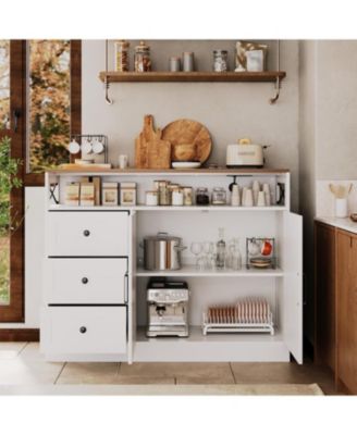 47.2" Buffet Cabinet with Power Outlet, 3 Drawers & 2 Barn Doors, Modern Farmhouse Sideboard Storage forLiving Room, Coffee Bar, Black