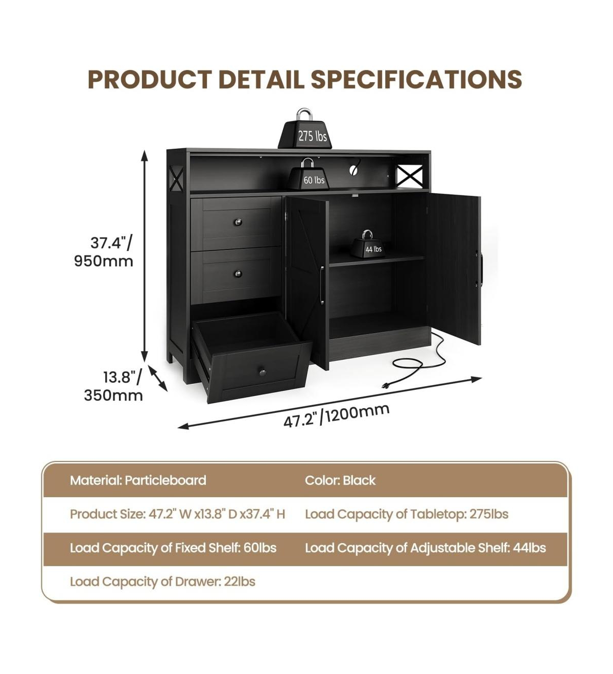 Gaomon 47.2" Buffet Cabinet with Power Outlet, 3 Drawers & 2 Barn Doors, Modern Farmhouse Sideboard Storage forLiving Room, Coffee Bar, Black