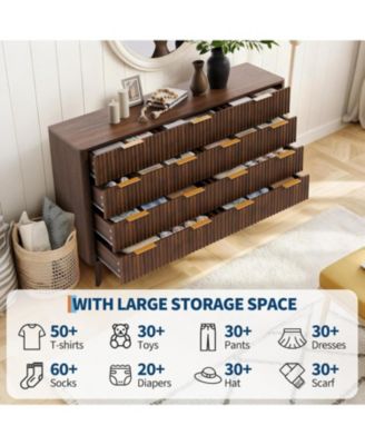 54" Wide 9 Drawer Dresser,Wooden Chest of Drawers with Fluted Wave Pattern, Metal Handles, Modern TV Stand Dresser with Curved Profile