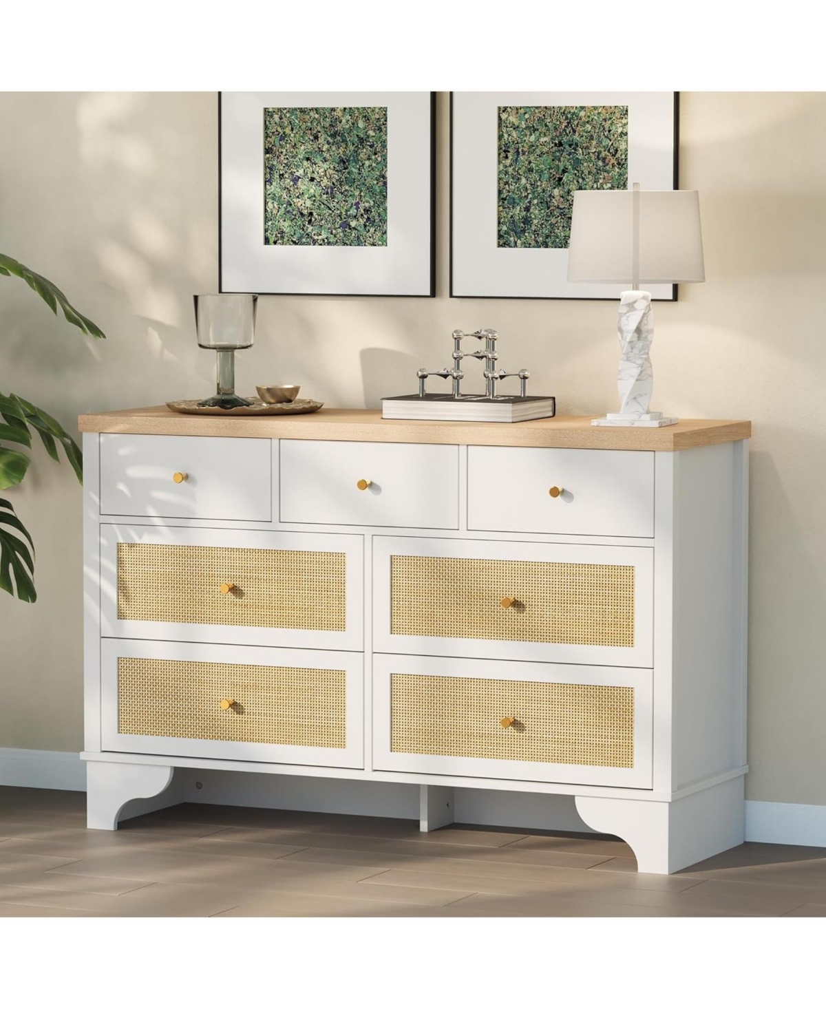 gaomon 47.3" Wide 7-Drawer Bedroom Dresser, Modern Wood Chest with Natural Rattan Drawers for Living Room, Hallway, or Entryway