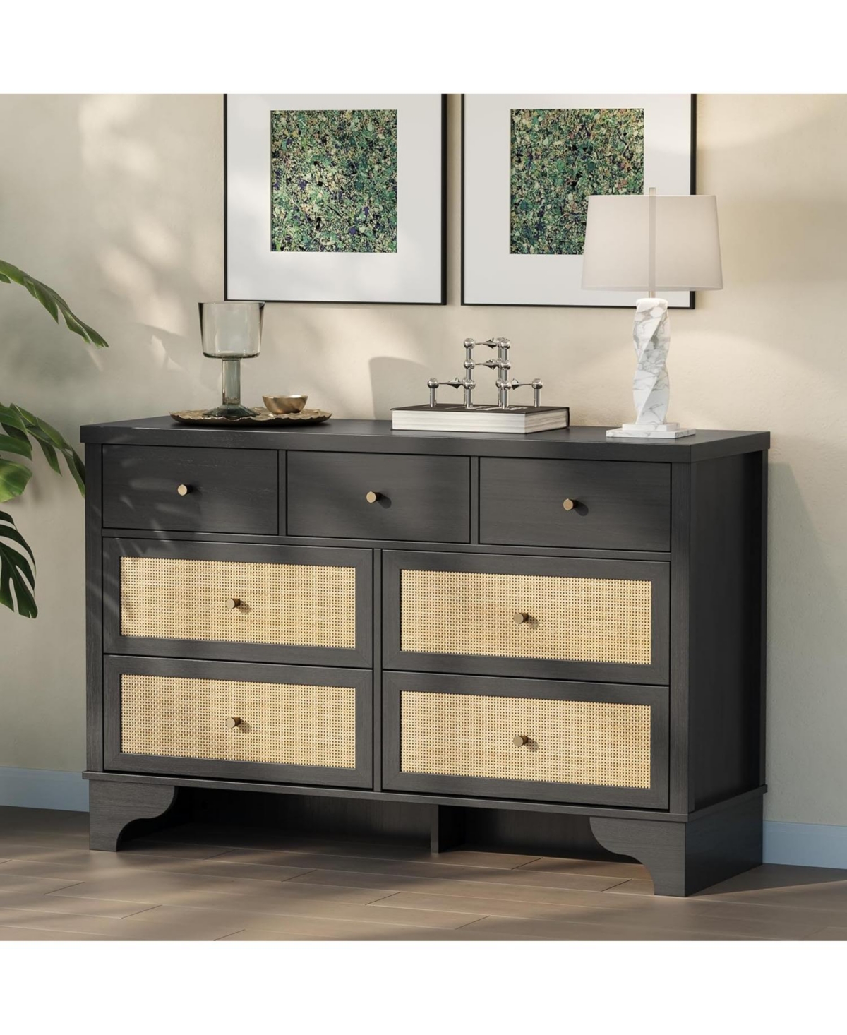 gaomon 47.3" Wide 7-Drawer Bedroom Dresser, Modern Wood Chest with Natural Rattan Drawers for Living Room, Hallway, or Entryway
