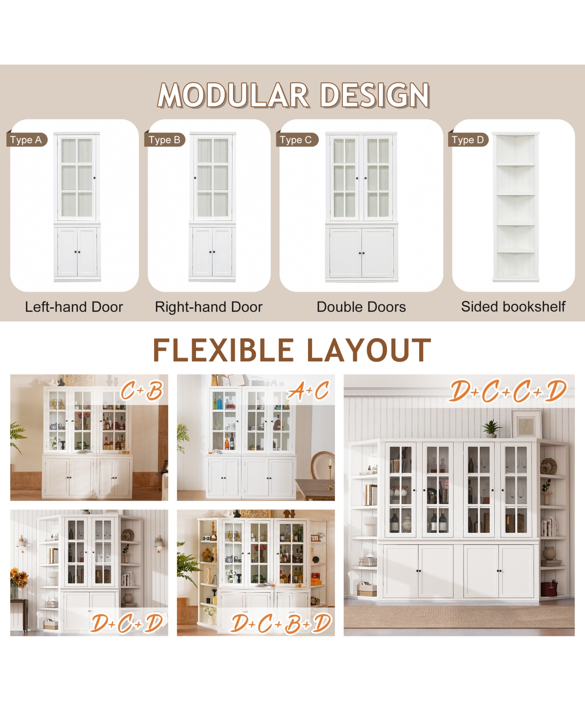 Hd Glass Door Display Cabinet with Retro Modern Design Ample Storage and Expandable Modular System