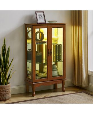 Corner Display Cabinet with Mirrored Panel Tempered Glass Shelves and Classic Style