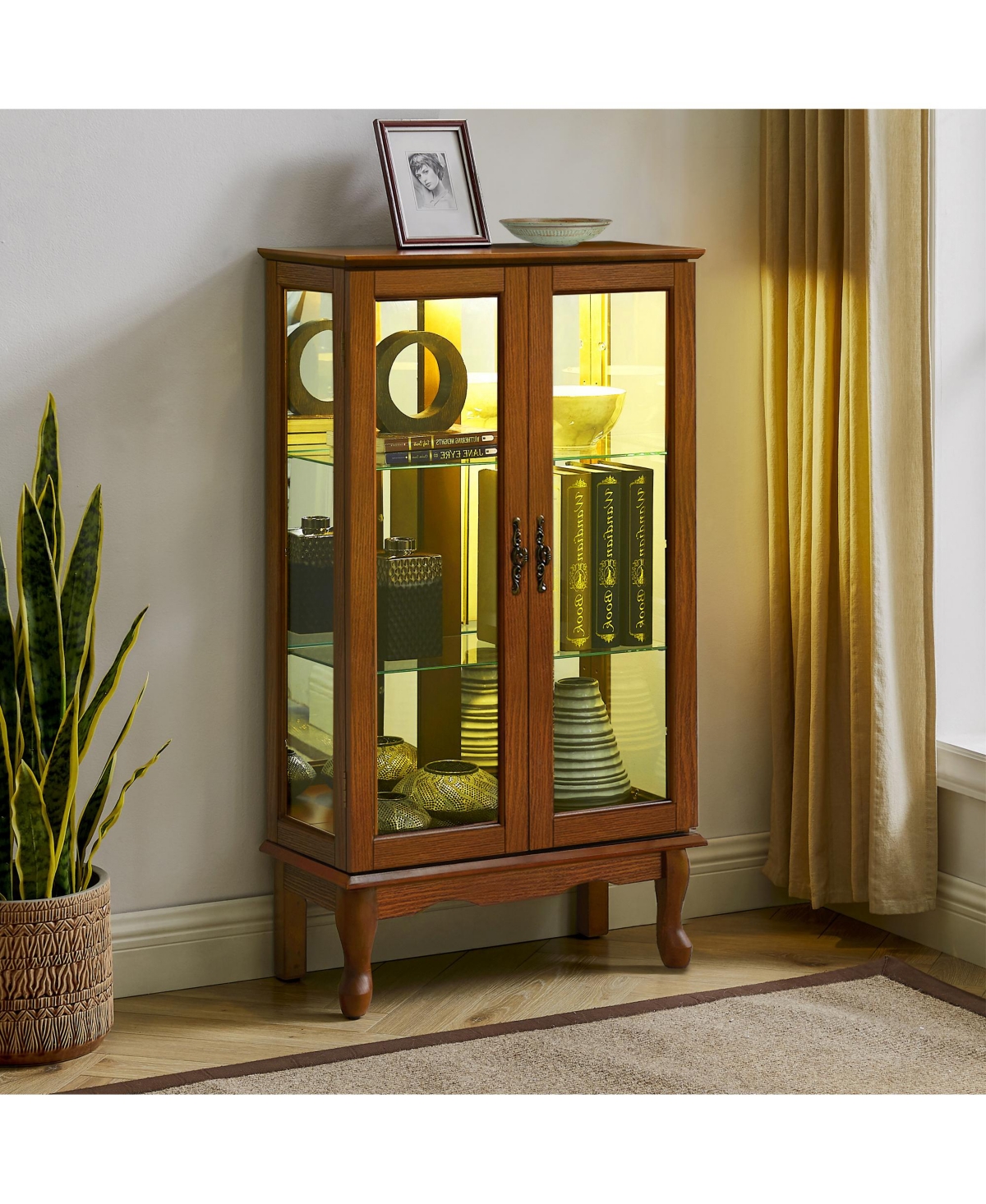 Corner Display Cabinet with Mirrored Panel Tempered Glass Shelves and Classic Style