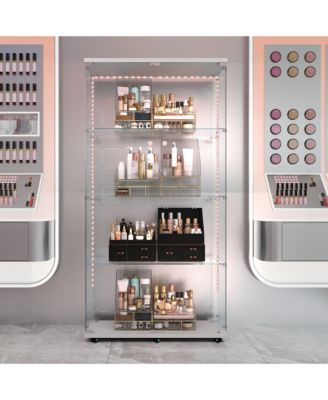 Smart LED Glass Display Cabinet on Wheels 66 Tall Bluetooth Light White