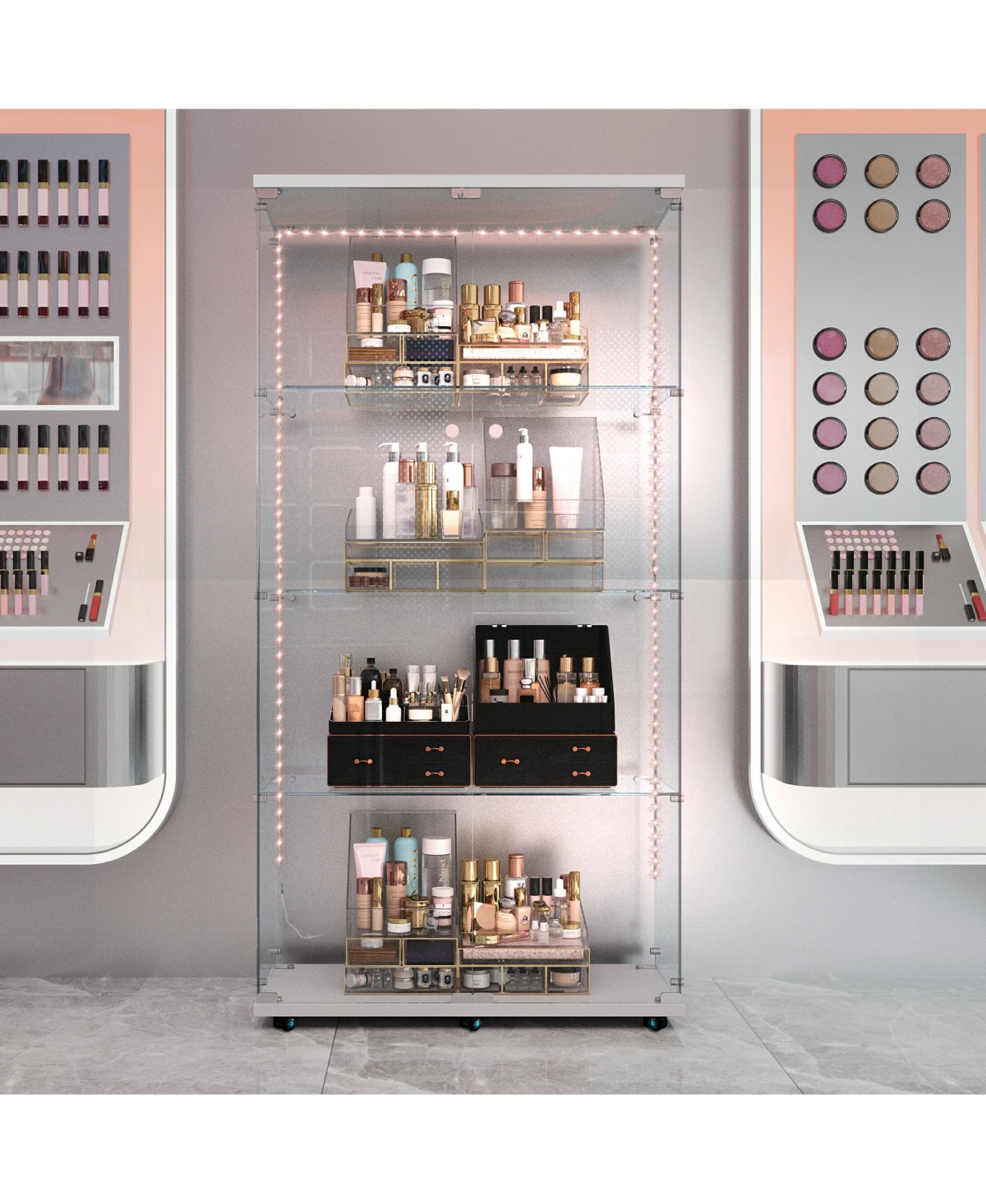 Lovmor Smart Led Glass Display Cabinet on Wheels 66 Tall Bluetooth Light White