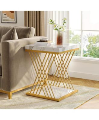 Square End Table White Gold 2-Tier Side Table (2, Faux Marble White+Gold)