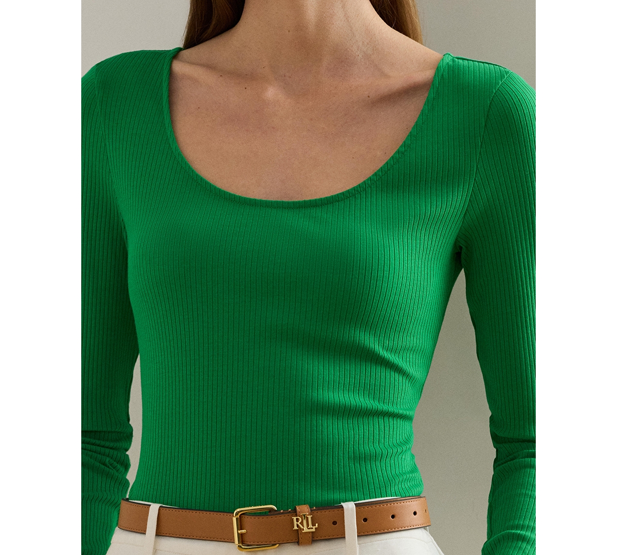 Lauren Ralph Women's Rib-Knit Long-Sleeve Scoop Neck Top