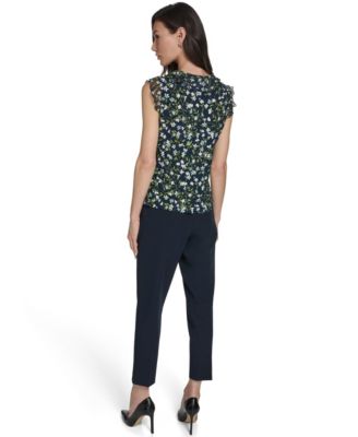 Women's Floral Vine Mixed Media Ruffle Top