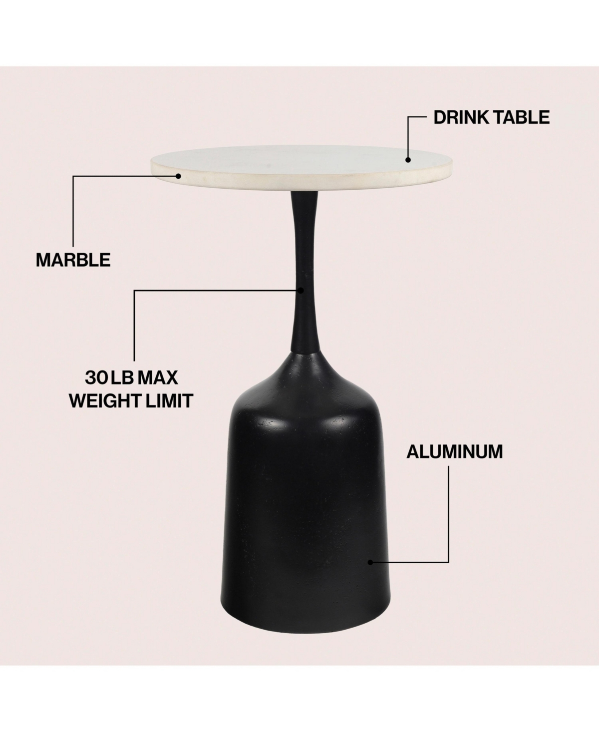 Jonathan Y Pip 20.25" Classic Designer Metal Drink Table and Decorative End with White Marble Round Top Bell Pedestal Base