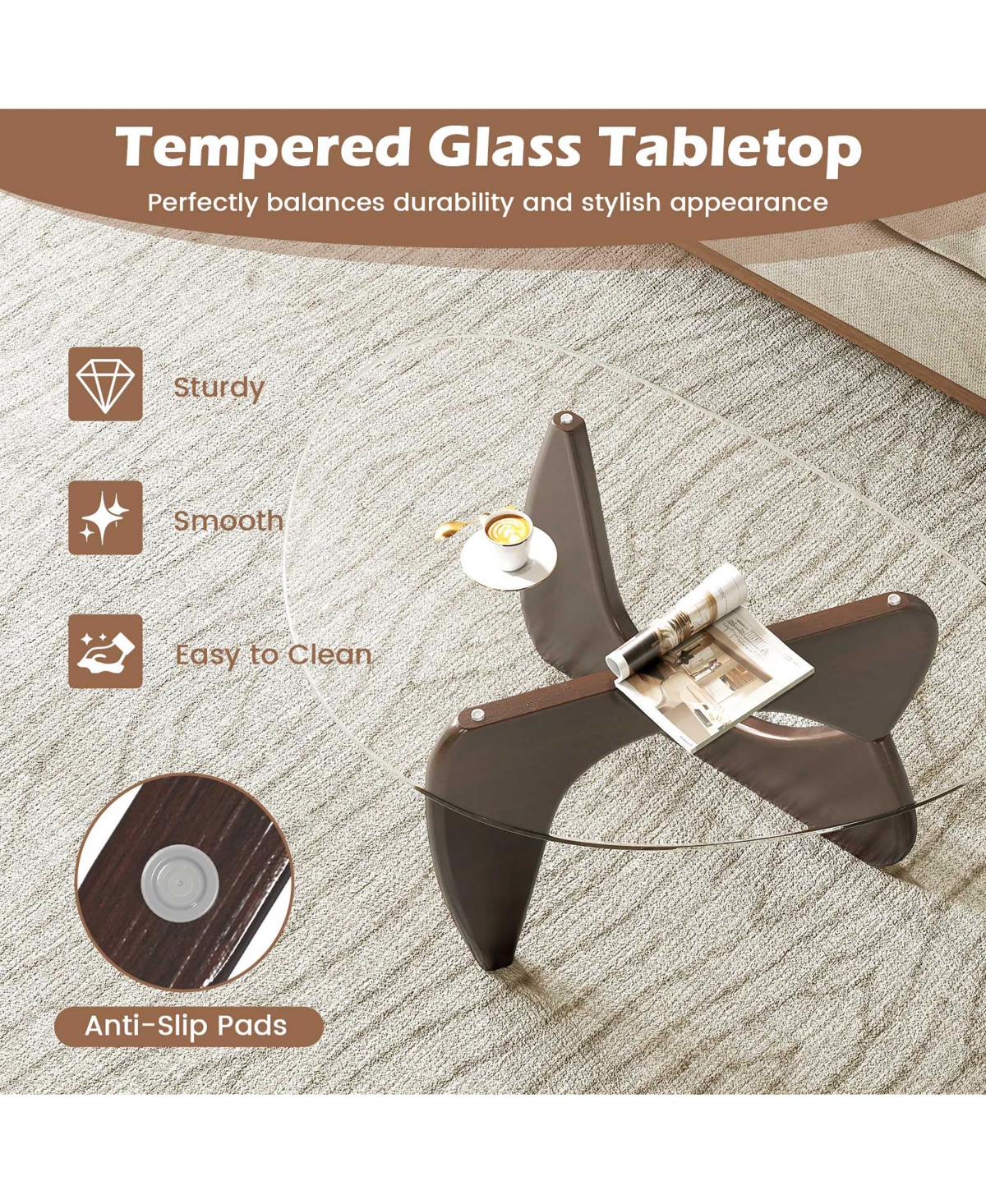 Gymax Triangle Coffee Table w/ Tempered Glass Top & Adjustable Rubber Wood Base