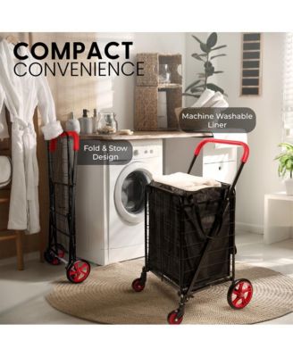 Folding Utility Cart with Liner, Heavy-Duty, 360&amp;#xB0; Swivel Wheels, 70 lb Capacity, Portable for Groceries, Laundry &amp; More (Black)