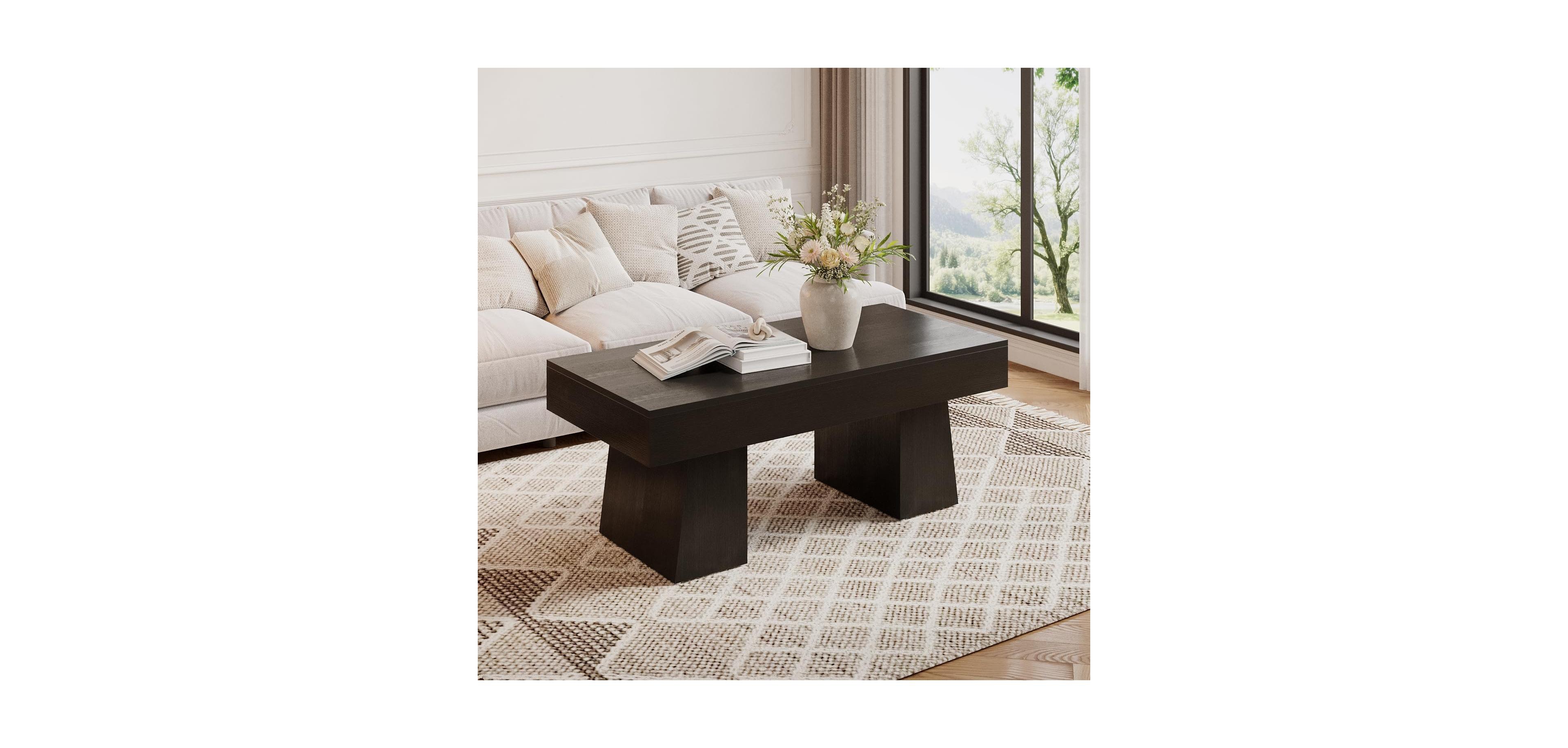 Tribesigns Farmhouse Coffee Table, 47 Inch Wooden Rectangular Center Table with Thick Base