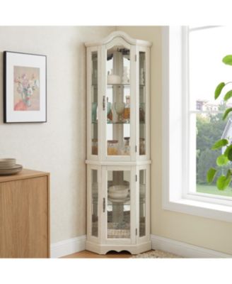 Streamdale Lighted Corner Curio Cabinet with Glass Doors & Shelves - White