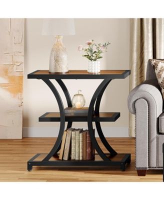 End Table with Storage, 3-Tier Side Table with Geometric Metal Design, Industrial Nightstand