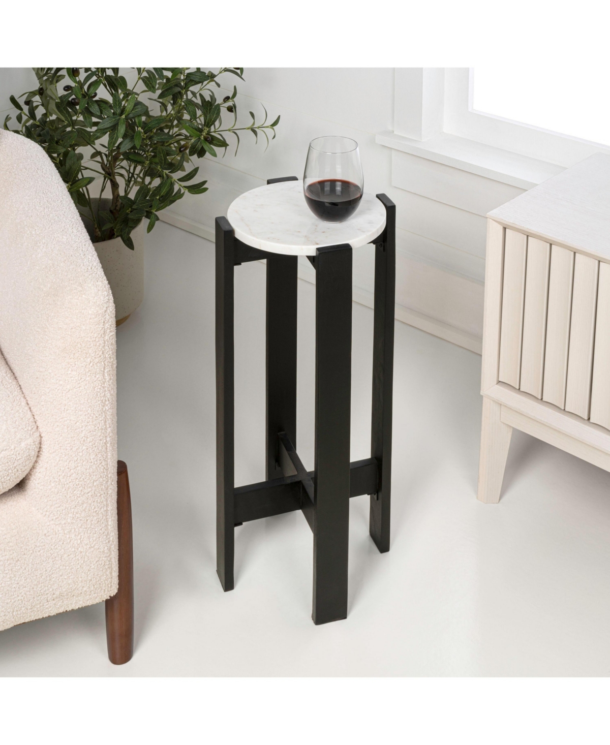 Jonathan Y Elena 24" Minimalist Structured Wood Drink Table and Decorative End with White Marble Round Top