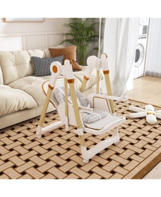 Plastic 2-in-1 Baby High Chair Rocker with 5-Point Harness, Foldable Infant Feeding Chair with Silent Locking Wheels and Removable 2-Tier Tray