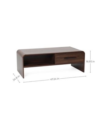 Walnut Finish 2-Drawer Coffee Table, Engineered Wood Open Storage Center Table with Rounded Corners for Living Room