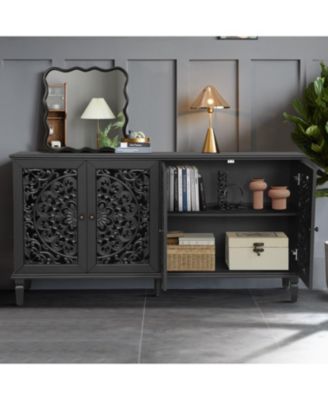 60" Antique Black Buffet Cabinet - Floral Carvings, Solid Wood Legs