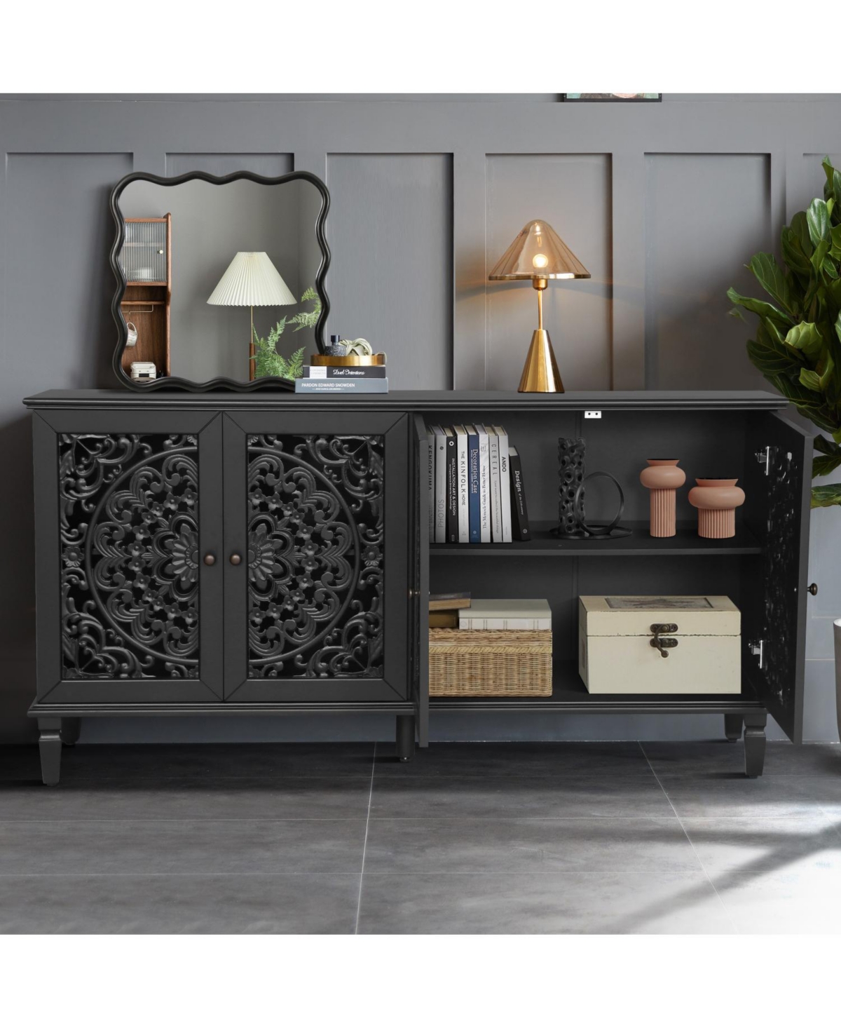 Streamdale Furniture 60" Antique Black Buffet Cabinet - Floral Carvings, Solid Wood Legs