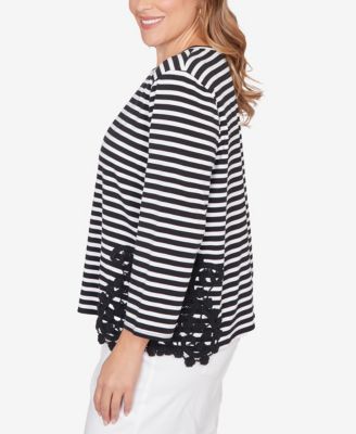 Plus Size Crew Neck Stripe Cotton Lace Applique Top