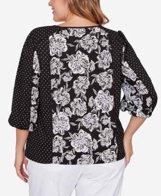 Plus Size Floral Panel Crinkle Knit Peasant Top
