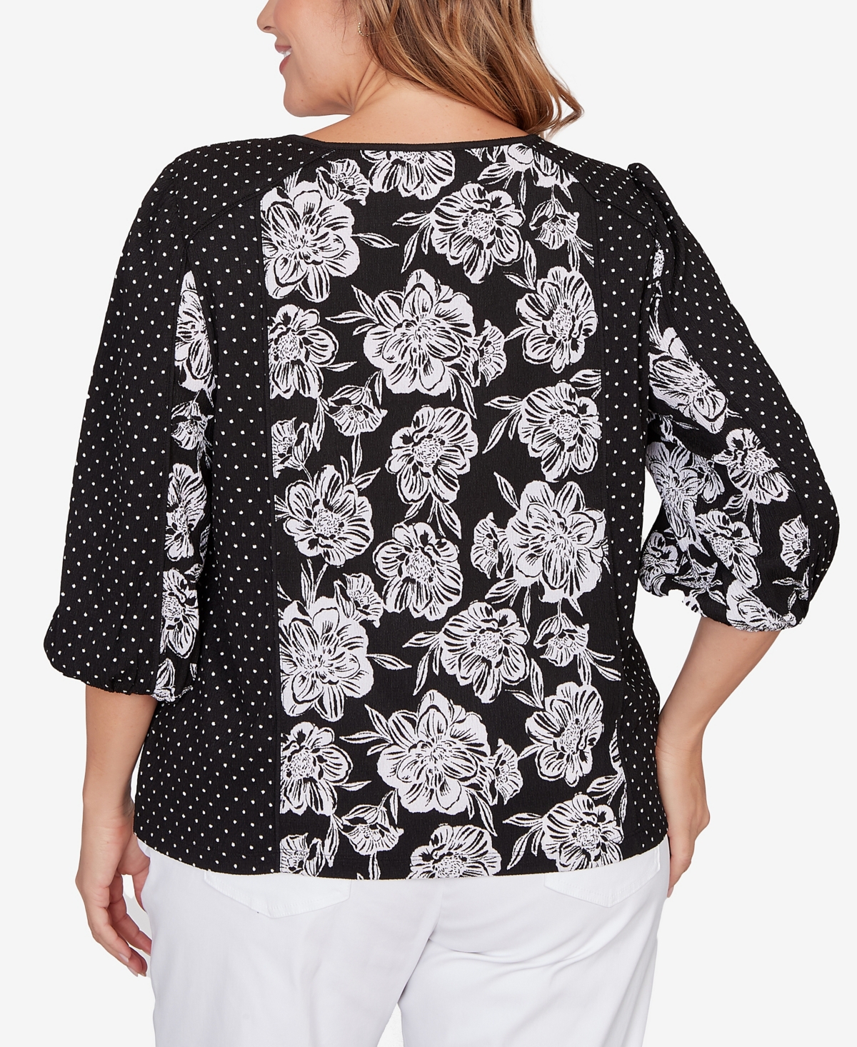 Ruby Rd. Plus Floral Panel Crinkle Knit Peasant Top