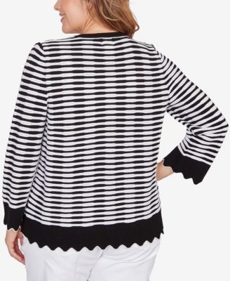Plus Size Scallop Trim Striped Button Cardigan Sweater