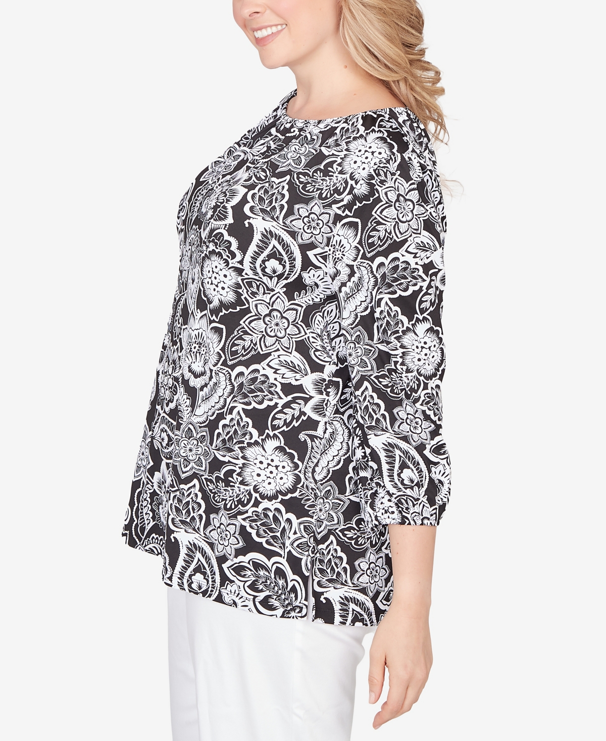 Ruby Rd. Plus 3/4 sleeves Dotted Floral Puff Print Knit Top