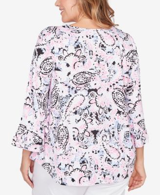 Plus Size V-Neck Paisley Ruffle Sleeve Knit Top