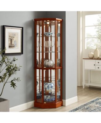 Corner Curio Cabinet with Mirrored Panel Tempered Glass Shelves and Transitional Style