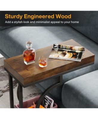 Narrow Side Table, Brown Black C Shaped End Table, Small Sofa Tables with Metal Frame for Living Room