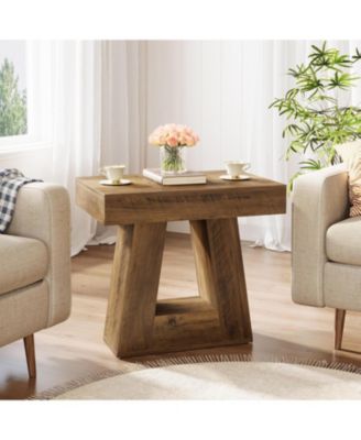 24" Modern Side Table, 2-Tier Narrow Wooden End Table with Trapezoid Base (1, Brown)