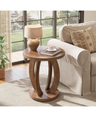 End Table, Round Side Table with Storage, Farmhouse Nightstand Bedside with Round Tabletop