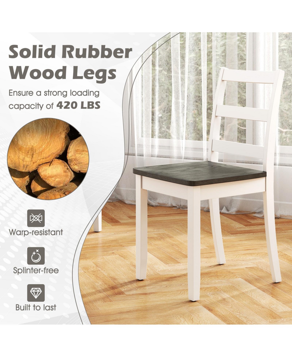 Gymax Set of 2 Dining Chairs Ladder Back Armless Side Chair w/ Solid Rubber Wood Legs